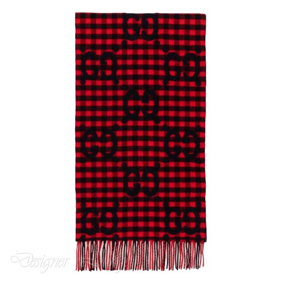 NEW GUCCI Red Blue Wool Check GG Monogram Logo Scarf $690 Authentic - Picture 2 of 8